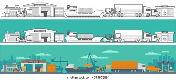 Logistic concept flat banner production process from factory to the shop.  Wide panoramic vector illustration for business, info graphic, web, presentations, advertising.
