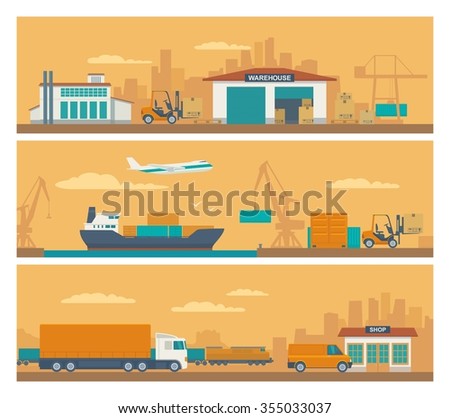 Logistic concept flat banner production process from factory to the shop. Warehouse, ship, truck, car, aircraft, train. Orange background. Vector flat illustration