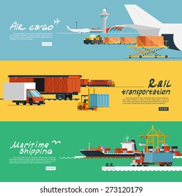 Logistic concept flat banners set of maritime rail and air transport delivery services abstract isolated vector illustration