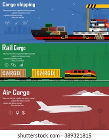 Logistic concept flat banners set of maritime rail and air transport delivery services. Vector illustration