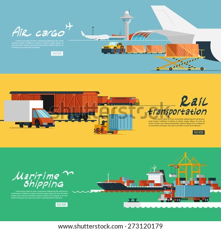 Logistic concept flat banners set of maritime rail and air transport delivery services abstract isolated vector illustration