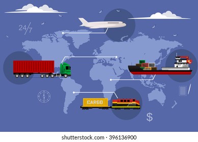 Logistic concept flat illustration set of maritime rail and air transport delivery services abstract . Vector illustration