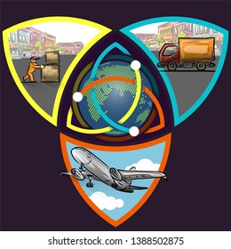 Logistic concept infographics of triple step worldwide delivery