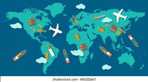 Logistic concept production process from factory to the shop. Top view world map with warehouse, ship, truck, aircraft and car. Wide flat vector illustration for info graphic, web, banner. 