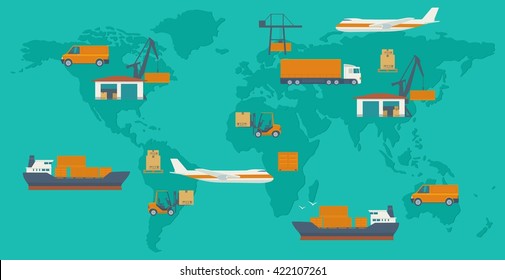 Logistic concept production process from factory to the shop. Top view world map with warehouse, ship, truck, aircraft and car. Wide flat vector illustration for info graphic, web, business, banner