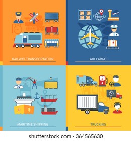 Logistic Concept Set With Icons In Flat Style. Railway, Air cargo And Shipping Elements