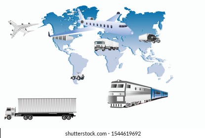 Logistic concept vector illustration, 3d vector train, plane, ship.