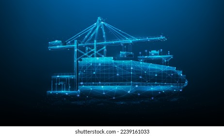 tecnología de transporte de contenedores logística digital. fondo azul oscuro del transporte de negocios. ilustración vectorial fantástica alta tecnología. importación y exportación de mercancías. carga y descarga de buques en puerto.