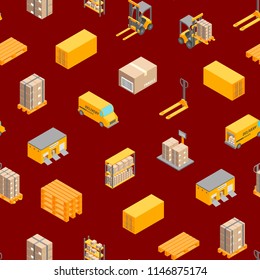 Logistic Delivery Cargo Service Seamless Pattern Background Isometric View Include of Warehouse, Shelves, Box and Loader. Vector illustration