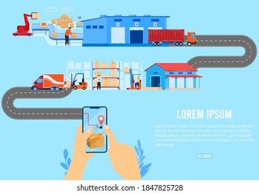 Ilustración vectorial del concepto de la cadena logística de suministro. Caricatura de mano humana plana usando un smartphone para la caja de paquetes de pedido, empresa de distribución que entrega el embalaje de mercancías por el fondo del camión de envío