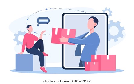 Logistic delivery concept. Man with cardboard box in hands on smartphone screen. Shipping and transportation of goods. Business to business. International trade. Flat vector illustration