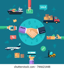 Logistic and delivery concept poster with worldwide transportation and storage. Abstract vector illustration with set elements of transportation and delivery. 