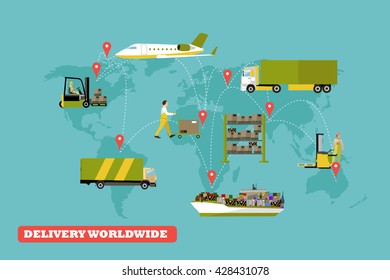 Logistic and delivery concept vector illustration. Set of air, trucks and ships transport delivery and shipping.