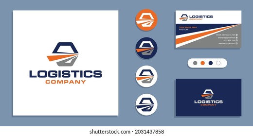 Entrega logística, logotipo de envío rápido y plantilla de diseño de tarjetas de visita