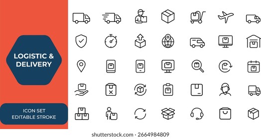 Logistic and Delivery icon set with editable stroke. Thin line shipping service icon collection. Vector illustration, transportation, cargo, express, parcel, freight, tracking, shipment and more.