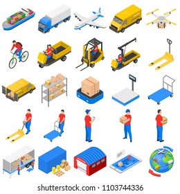 Logistic delivery icons set. Isometric illustration of 25 logistic delivery robot factory vector icons for web