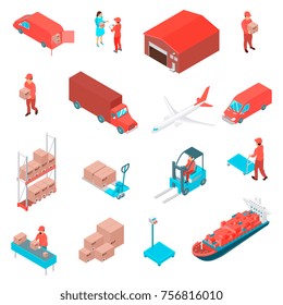 Logistic  and delivery isometric icons set with warehouse workers loader ship plane truck minivan goods boxes isolated vector illustration