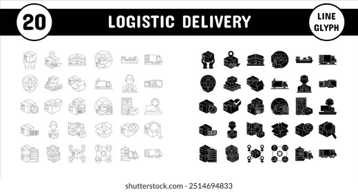 Linha de entrega logística Glyph Vetor ilustração ícone adesivo conjunto Materiais de design