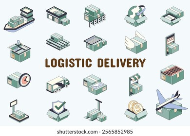 Logistic Delivery Lineal Color Vector Illustration Icon Sticker Set Design Materials