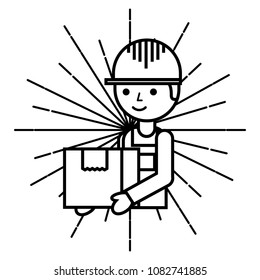 logistic delivery man with cardboard box emblem style