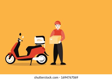 Logistic delivery man  holding the box standing beside motorcycle.