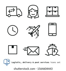 Juego de iconos de entrega y envío de servicios logísticos