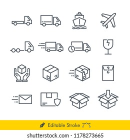 Logistic (Delivery) Related Icons / Vectors Set - In Line / Stroke Design | Contains Such car, truck, pickup, delivery, box, plane, ship, document, fragile, handle with care, heavy truck, send, sent.