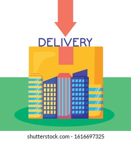 logistic delivery service with cityscape and box vector illustration design