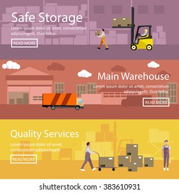Logistic and delivery service concept banner. Warehouse interior. Vector illustration in flat style design.