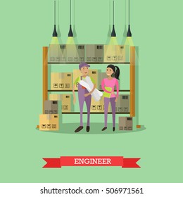 Logistic and delivery service concept banner. Warehouse workers. Vector illustration in flat cartoon style design. Delivery man working in warehouse and shipping products.