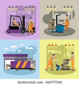 Logistic and delivery service concept banners. Warehouse workers. Vector illustration in flat style design. Delivery man working in warehouse and shipping products.