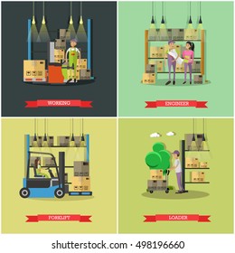 Logistic and delivery service concept banners. Warehouse workers. Vector illustration in flat style design. Delivery man working in warehouse and shipping products.