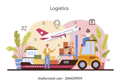 Logistik- und Lieferservice-Konzept. Idee von Transport und Vertrieb. Lader in Uniform Lieferung einer Ladung. Verkehrsdienstkonzept. Einzige flache Abbildung