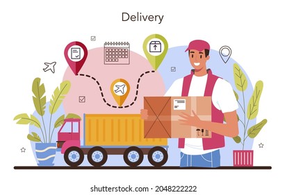 Logistic and delivery service concept. Idea of transportation and distribution. Loader in uniform delivering a cargo. Transportation service concept. Isolated flat illustration