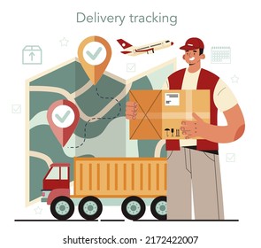 Logistic and delivery service concept. Idea of transportation and distribution, warehousing service. Loader in uniform delivering a cargo. Flat vector illustration