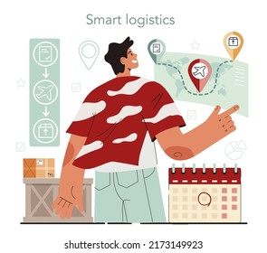 Logistic and delivery service concept. Idea of transportation and distribution, warehousing service. Loader in uniform delivering a cargo. Flat vector illustration