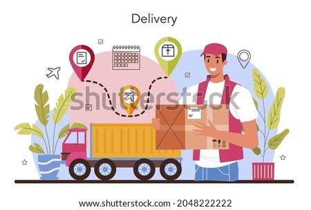Logistic and delivery service concept. Idea of transportation and distribution. Loader in uniform delivering a cargo. Transportation service concept. Isolated flat illustration