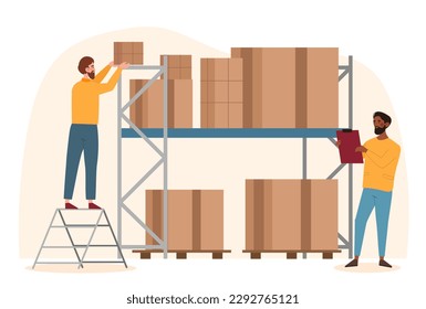 Logistic and delivery service concept. Men in warehouse check goods, take inventory and put boxes on shelves. Online shopping and express home delivery, trade. Cartoon flat vector illustration