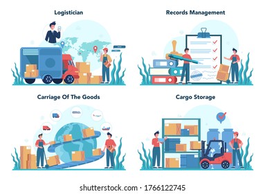 Logistic and delivery service concept set. Idea of transportation and distribution. Loader in uniform delivering a cargo. Transportation service concept. Isolated flat illustration