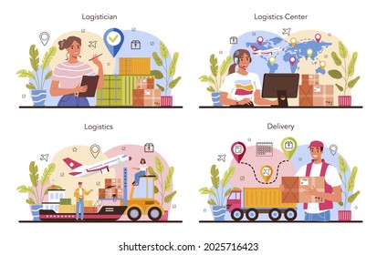 Logistic and delivery service concept set. Idea of transportation and distribution. Loader in uniform delivering a cargo. Transportation service concept. Isolated flat illustration