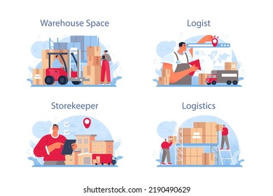 Logistic and delivery service concept set. Idea of transportation and distribution, warehousing service. Loader in uniform delivering a cargo. Flat vector illustration