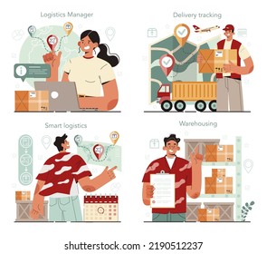 Logistic and delivery service concept set. Idea of transportation and distribution, warehousing service. Loader in uniform delivering a cargo. Flat vector illustration