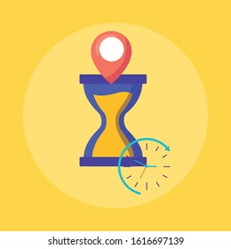 logistic delivery service with hourglass and pin location vector illustration design