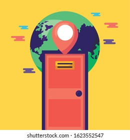 logistic delivery service with house door and world planet vector illustration design