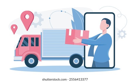 Logistic delivery service. Man with box on smartphone screen near truck. Shipping and transportation. Import and export. Flat vector illustration isolated on white background