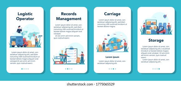 Juego de banners para aplicaciones móviles de logística y servicio de entrega. Idea de transporte y distribución. Cargador de uniforme que entrega una carga. concepto de servicio de transporte. Ilustración plana aislada
