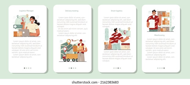 Logistic and delivery service mobile application banner set. Transportation and distribution, warehousing service. Loader in uniform delivering a cargo. Flat vector illustration