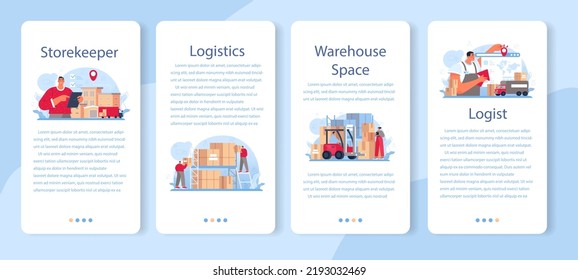 Logistic and delivery service mobile application banner set. Idea of transportation and distribution, warehousing service. Loader in uniform delivering a cargo. Flat vector illustration