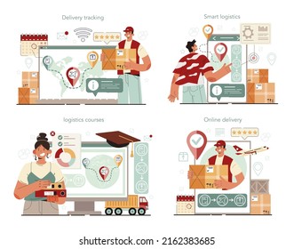 Logistic and delivery service online service or platform set. Transportation and distribution, warehousing service. Online delivery, tracking, courses, smart logistics. Flat vector illustration