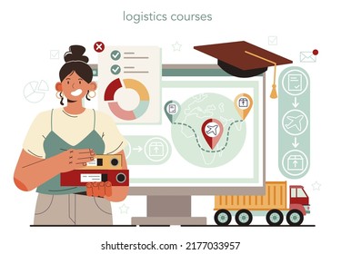 Logistic and delivery service online service or platform. Transportation and distribution, warehousing service. Online courses. Flat vector illustration